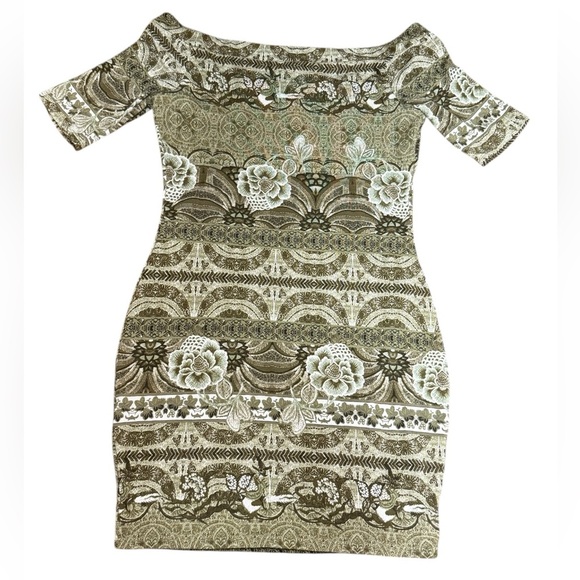 Guess Off Shoulder Dress KeyHole Front Short Sleeve Floral Olive Green Large - Picture 2 of 10